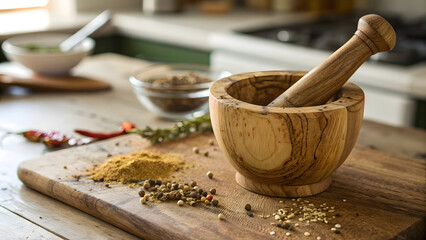 A natural, handcrafted wooden mortar and pestle resting on a rustic kitchen surface, showcasing its sturdy, organic design and artisanal quality