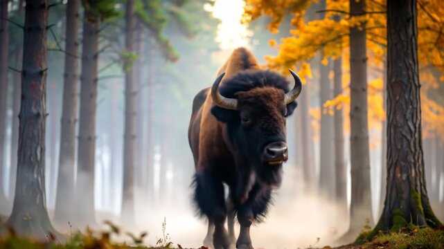 A bison with a long horn is standing in a forest with trees in the background. 4k video