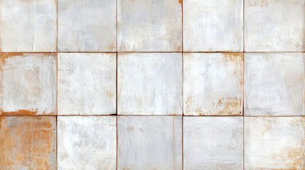 Naklejka premium Rustic wall panel from square tiles with aged white finish, surface material for vintage home decor, backgrounds and creative work.
