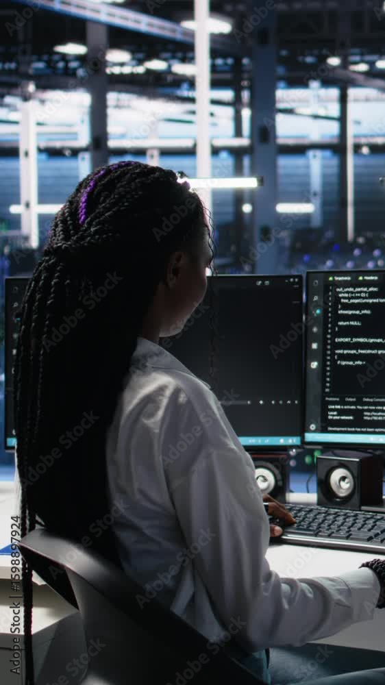Poster vertical video data center system administrator working on neural network software development. afri