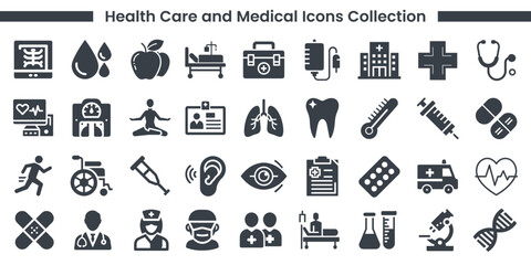 Comprehensive collection of healthcare and medical icons representing various aspects of health and medicine