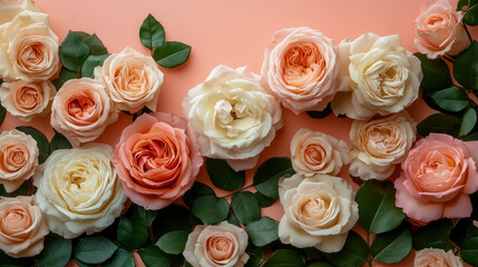 Floral Arrangement: Pastel rose blooms and verdant leaves on a soft peach backdrop for a romantic and gentle spring time aesthetic