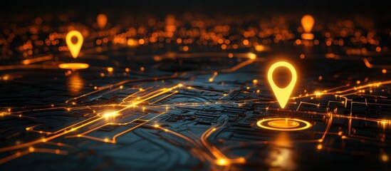 Futuristic navigation system interface with glowing map markers locations