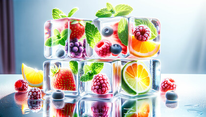 A refreshing 32 aspect ratio image featuring ice cubes with vibrant fruits and fresh herbs frozen inside