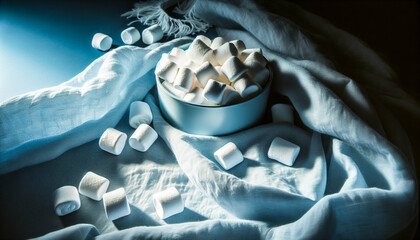 A cozy 32 aspect ratio image featuring fluffy white marshmallows scattered on soft blue fabric.