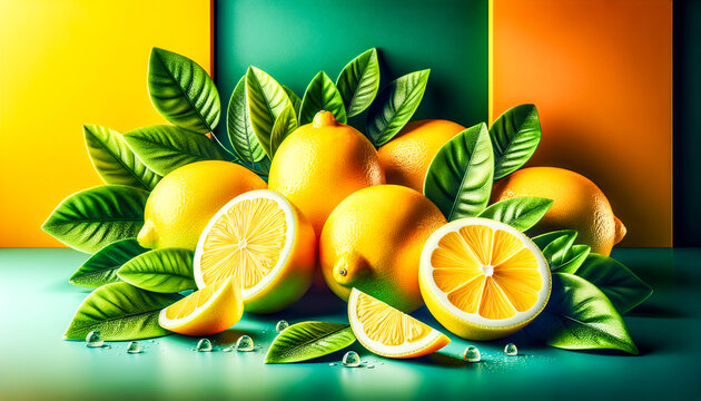 A lively 32 aspect ratio image featuring a vibrant yellow citrus composition with whole and sliced lemons arranged alongside fresh green leaves