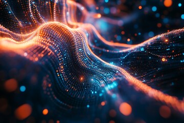 Abstract Data Stream Visualization with Glowing Dots on Dark Background