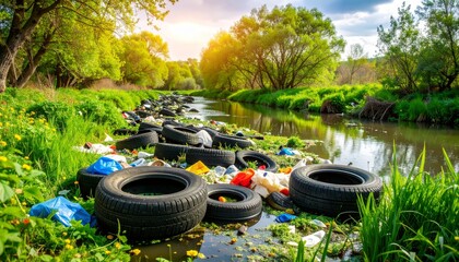 Pollution in Nature with Tires and Garbage Littering a Riverbank