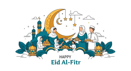 Fototapeta premium Happy Eid Al-Fitr Celebration with Muslim Family and Sweets
