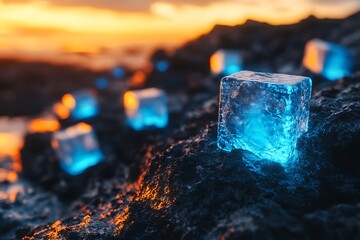 Glowing Ice Cubes on Rocky Ground at Sunset with Warm Light