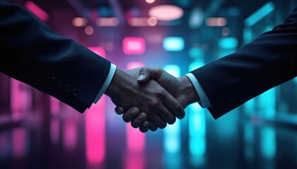 Close-up handshake between two businessmen in suits against vibrant neon background. Captures of successful deal, partnership, collaboration in modern, corporate setting. Bright blue, pink, teal