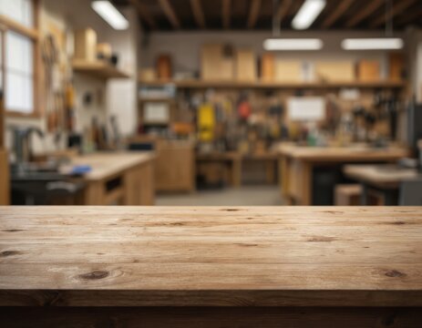 Empty wooden table surface. Blurred background shows workshop or garage with tools. Ideal for product displays, automotive services, or construction themes. Provides clean space for text and products.