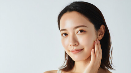 スキンケア後のツヤ肌女性・自然な微笑み