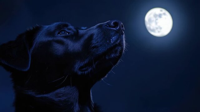 Midnight image of a dog gazing at the moonlit night, with its reflection visible in water. Peaceful, serene setting.