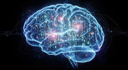 A glowing blue digital brain composed of binary code and data streams on a dark