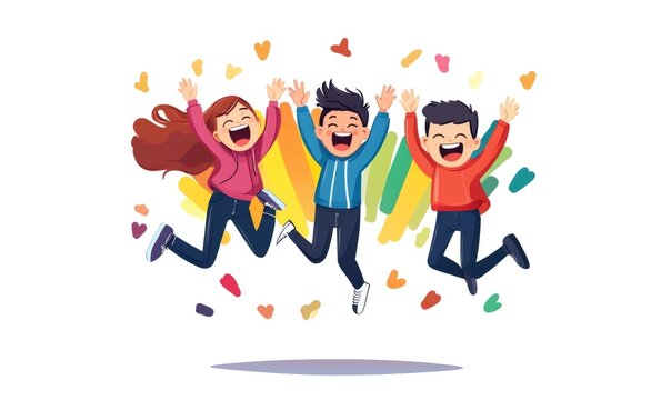 Group of joyful teenagers jumping together, celebrating friendship and international youth day with colorful confetti - Powered by Adobe