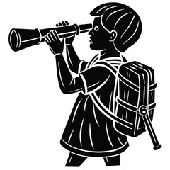 Black silhouette of a boy with a backpack looking through a telescope