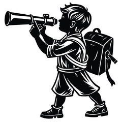 Black silhouette of a boy with backpack looking through a telescope