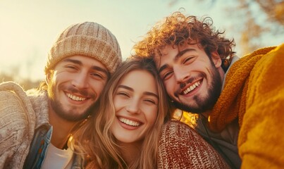 Fototapeta premium Three young adults in cozy knitwear laughing and enjoying a sunny autumn day outdoors, embracing friendship and togetherness in nature
