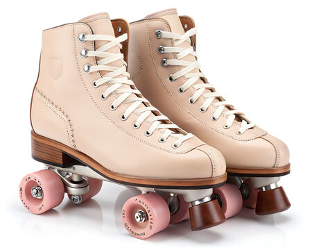 A pair of beige leather roller skates with pink wheels and white laces on a white background studio shot