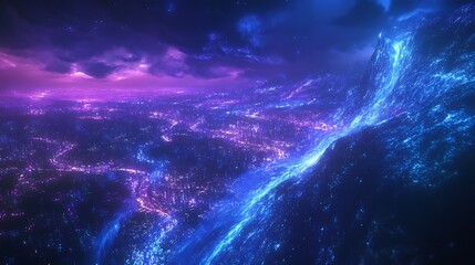 Fototapeta premium Glowing Futuristic Cityscape Under a Dramatic Sky with Light River