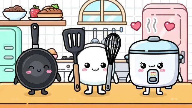 Animated Kitchen Friends: Cute Cooking Utensils in a Whimsical Scene.