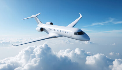 Obraz premium Modern white private jet soars through clear blue sky above fluffy clouds. This 3D render showcases an elegant aircraft, symbolizing business travel, luxury, and high-speed transportation.