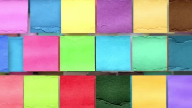 Colorful square sticky notes arranged in grid from bright neon paper set
