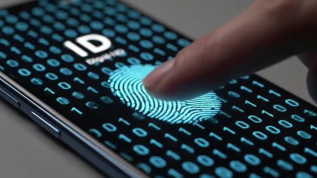 Finger pressing biometric ID fingerprint scanner on futuristic digital interface
