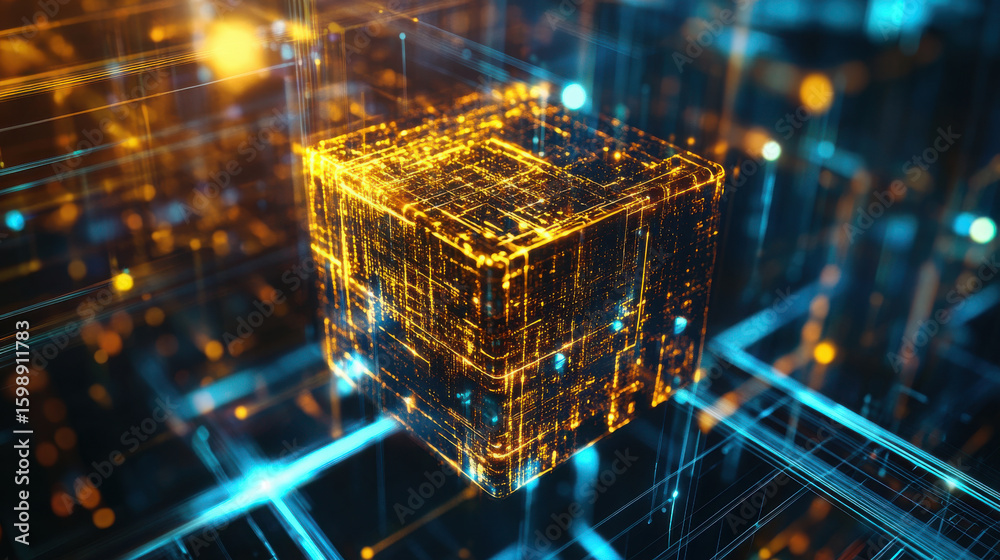 Poster glowing digital cube on a grid. blockchain technology and data storage concept. futuristic server fo