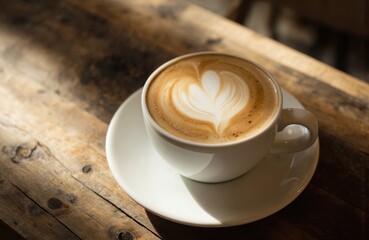 White cup filled with coffee showing heart shape latte art. Beverage rests on saucer on rustic wooden table. Cozy cafe ambiance. Sunlight creates shadows on surface. Hot drink.