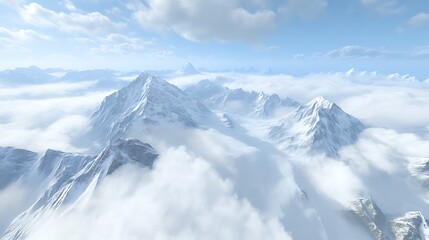 Obraz premium Snowy Mountain Peaks Emerging Through Clouds Under Blue Sky Above