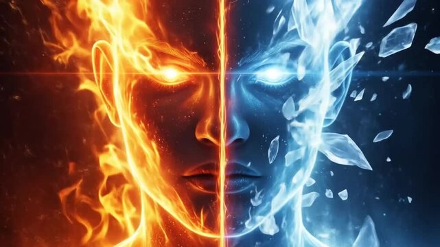 Face split between orange flame and blue shattering ice.	
