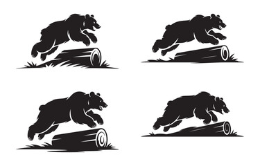 Silhouettes of a jumping bear over log elements for logos and outdoor illustrations