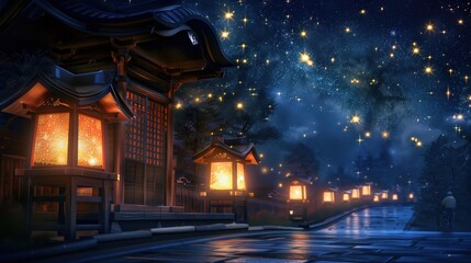 Glowing Lanterns on a Tranquil Street During Japanese Star Festival Night