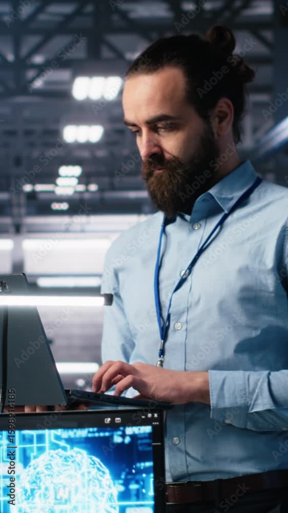 Poster vertical video manager supervising work of server room engineer using ai to review infrastructure di