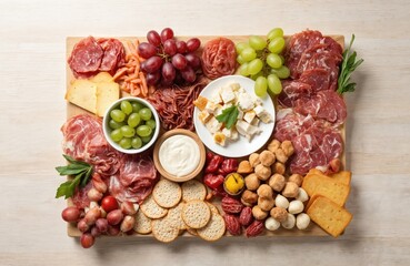 Top down view of rustic wooden charcuterie board filled with assorted meats, cheeses, fruits, crackers, dip. Features prosciutto, salami, grapes, brie arranged attractively for gourmet entertaining.