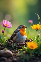 Fototapeta premium A robin's egg nestled amongst vibrant spring wildflowers, a perfect hidden treasure of nature's artistry A delightful image representing renewal and new life , petal, blue, botany