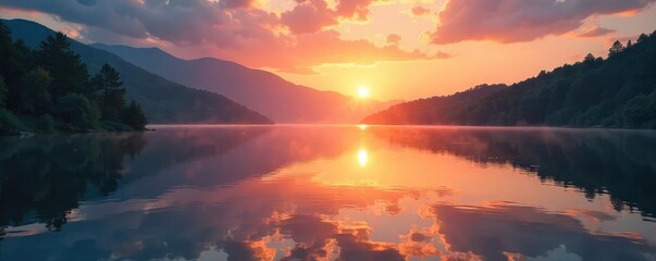 A serene sunrise over a tranquil lake, reflecting a peaceful and balanced lifestyle Perfect for wellness, mindfulness, and self-care content , light, healthy, hope