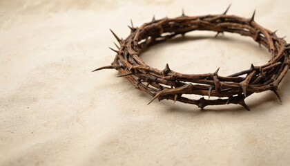 Fototapeta premium Crown of thorns on beige background Jesus Christ suffering, death. Object represents Christian faith sacrifice, theological, spiritual concepts. Wooden artifact evokes profound religious themes.