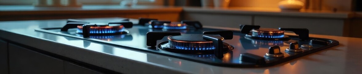 A sleek, modern natural gas stovetop with gleaming burners, ready for cooking Its minimalist design complements any kitchen style Perfect for culinary enthusiasts , home decor, clean