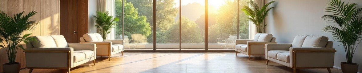Fototapeta premium A serene, modern mediation center interior featuring comfortable seating, neutral colors, and natural light, promoting a calm and peaceful atmosphere for conflict resolution , process, mediation