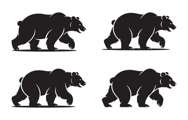 Naklejka premium Four black silhouette illustrations of a walking bear with friendly expressions and designs