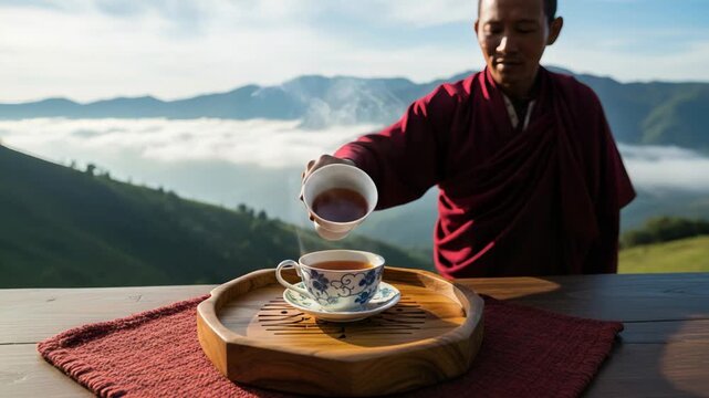 Monk tea ceremony unfolds on mountain terrace, tea steam curls while wise monk tea smile greets dawn and peaceful hills echo monk tea calm. Concept mindful hospitality.