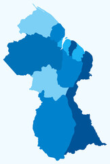 Map of Guyana with regions. Just a simple country border map with region division. Light blue color palette. Flat Co-operative Republic of Guyana shape with administrative division.