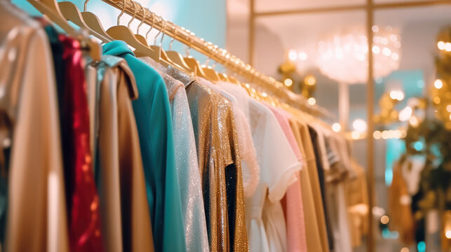Elegant fashion boutique rack with shimmering dresses, satin textures, and soft lighting, showcasing luxury retail style and eveningwear trends.