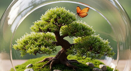 A bonsai tree inside a glass dome, with a vibrant blue butterfly, in photorealistic style.