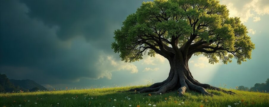 A well-established business, symbolized by a sturdy oak tree with deep roots, signifying longevity, stability, and enduring success in the corporate world , planning, enterprise