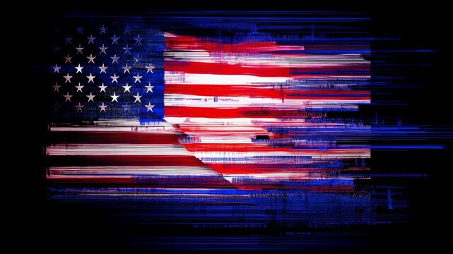 A stylized visual of an American flag bathed in red hues with glitching elements that manifest as erratic horizontal scan lines. The vertical tear in the fabric reveals stark contrasts