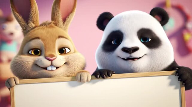 3D animated bunny and panda smiling together in a playful cartoon scene
